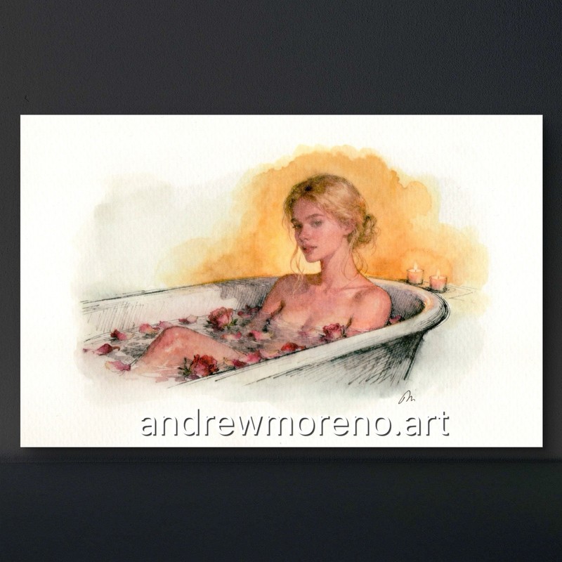Original Nude Watercolor Female Bath Figure Study Candlelight 5.5×8.5 Signed