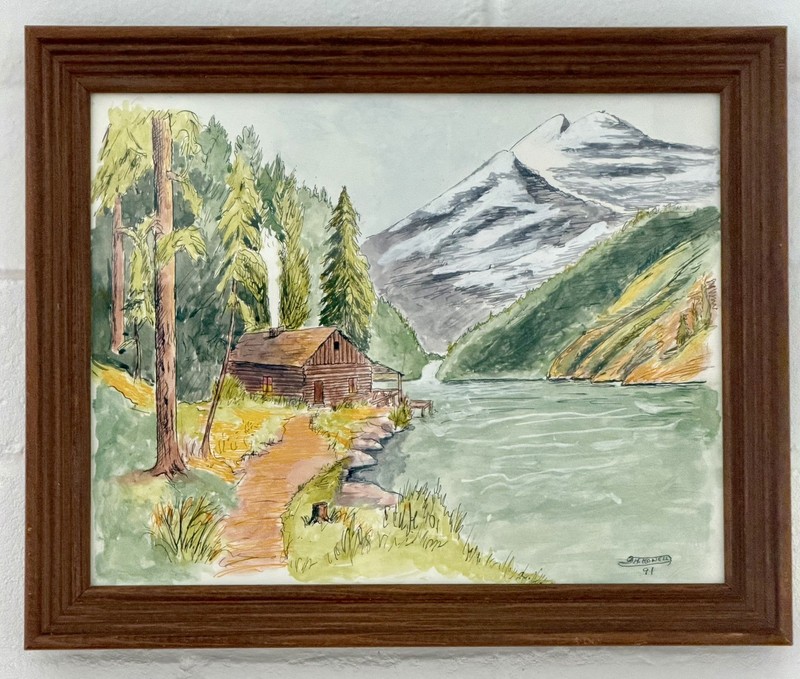 Original Signed Sketched Watercolor Painting of Cabin On River 16 x 13 Inches