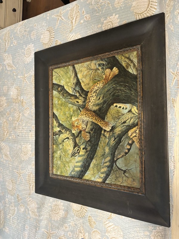 Vintage Signed Oil Painting “ Leopard Resting In Tree” Print 24x20 Framed 33x29