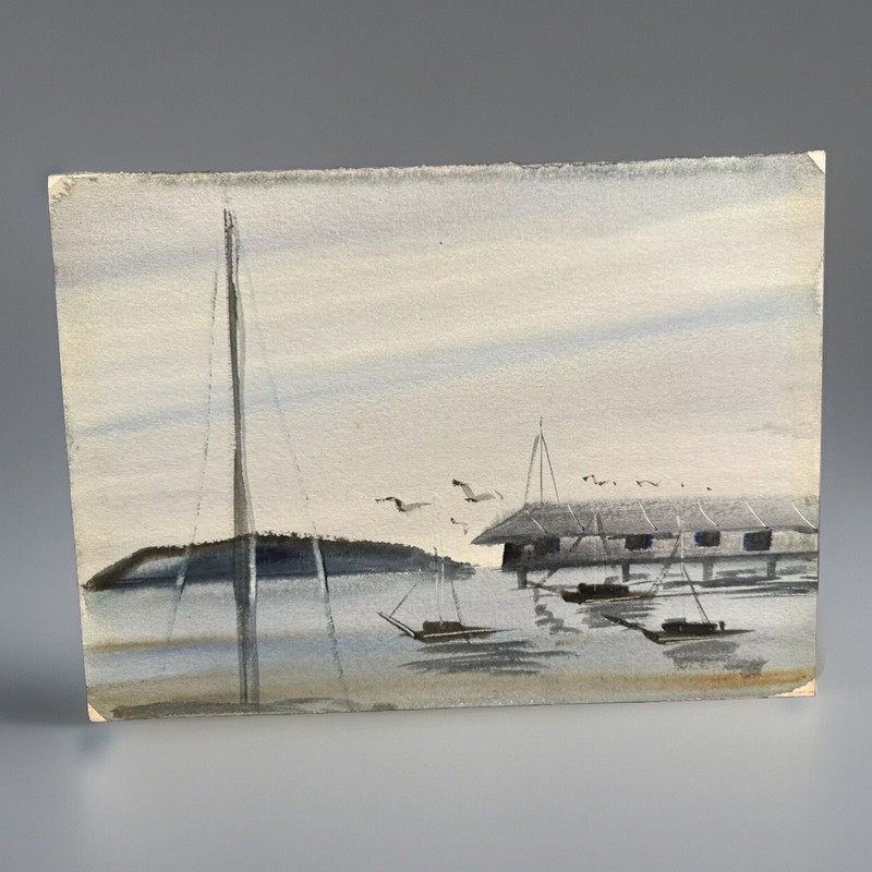 Original Watercolor Painting On Paper Unsigned Boats On Water 15 x 11