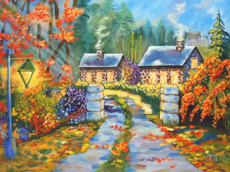 COTTAGE FLOWERS AUTUMN ACRYLIC PAINTING 18″ X 24″ GALLERY WRAPPED CANVAS