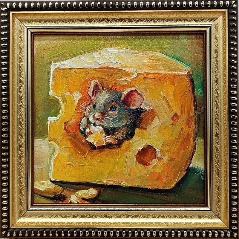 Original oil painting signed framed 4×4 inches Mouse