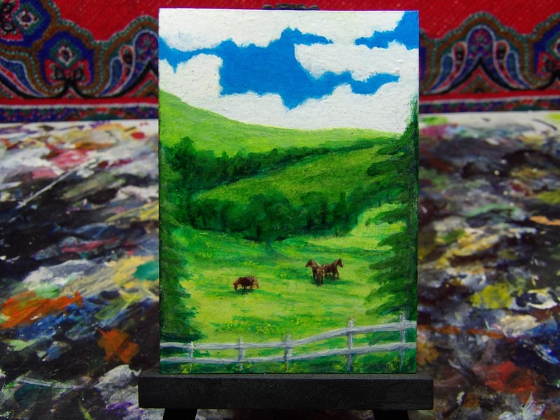 ACEO ORIGINAL ACRYLIC ART CARD HAND PAINTED LANDSCAPE HORSES
