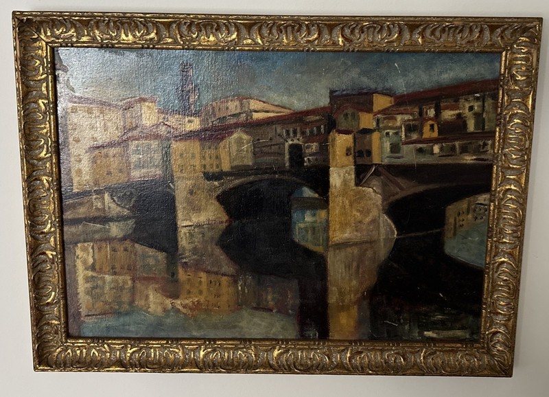 Franco Ruocco ( Italian 20thc ) Ponte Vicchio Bridge Florence Oil Painting