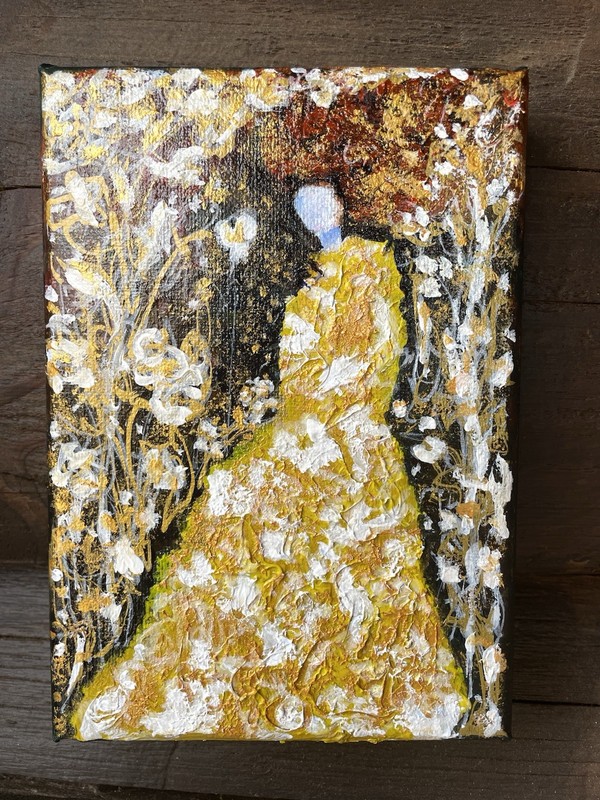 Original Painting Woman In Golden Dress Acrylic On Canvas 5×7 Direct From Artist