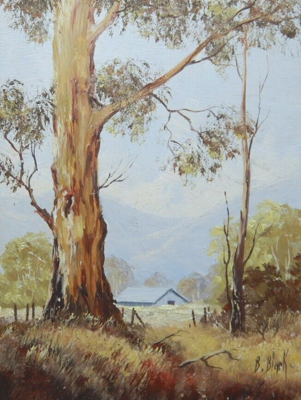 SMALL AUSTRALIAN OIL PAINTING ON BOARD LANDSCAPE BY B. BLACK P132
