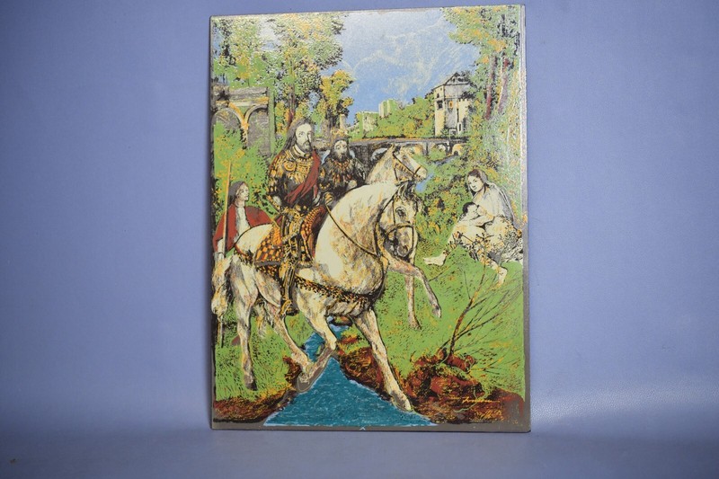 Vintage Silk Screen Print On Glass Knights On Horseback And Landscape Late 900