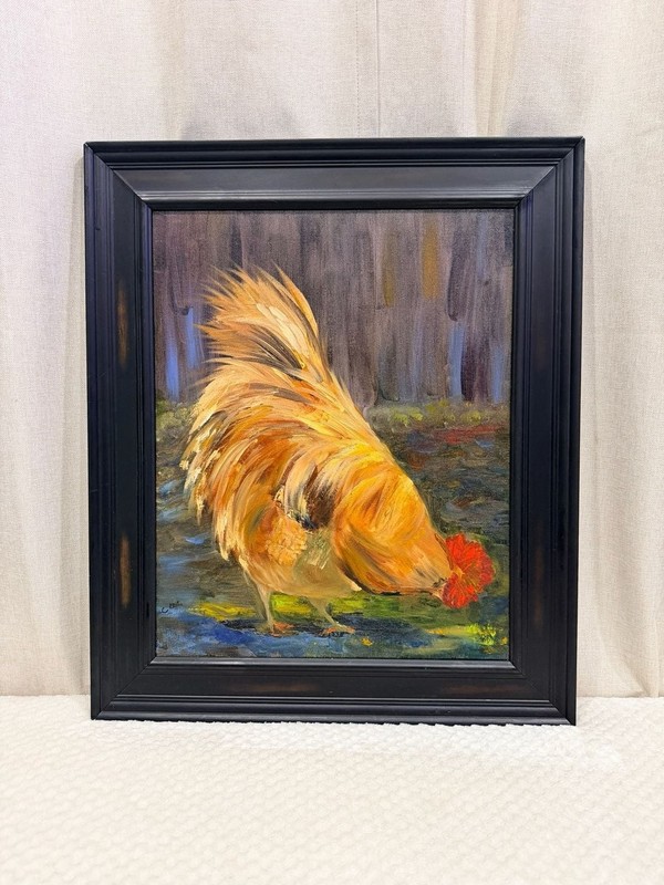Original Impressionist Rooster Oil Painting Signed by C. Bart in Black Frame