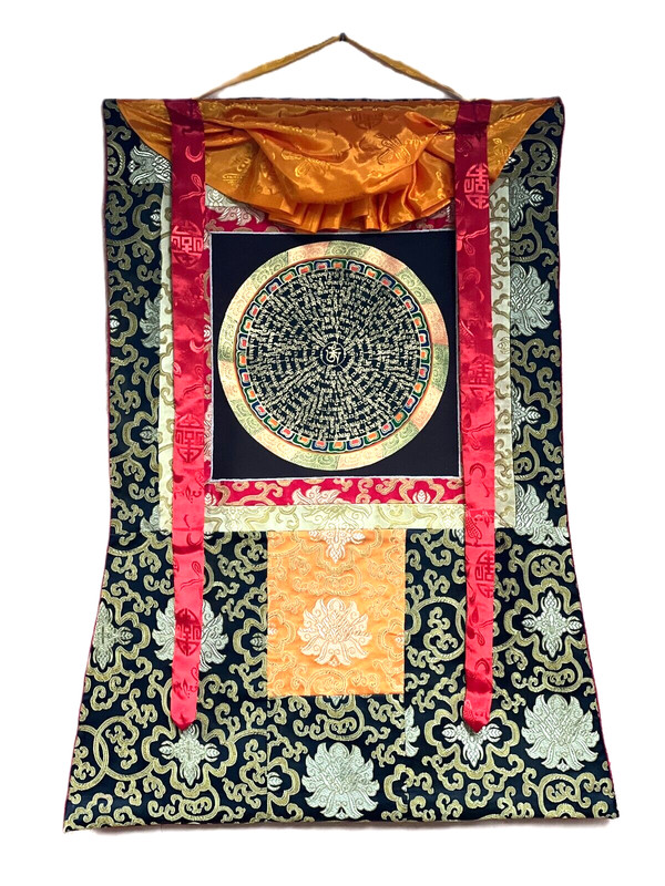 MANTRA OM MANI PADME MANDALA ORIGINAL TIBETAN THANGKA PAINTING WITH SILK BORDER