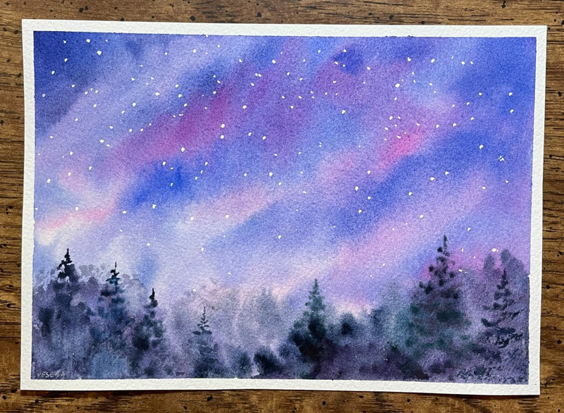 Original Abstract Watercolor Painting Northern Lights Stars Forest - 5x7 inches gallery