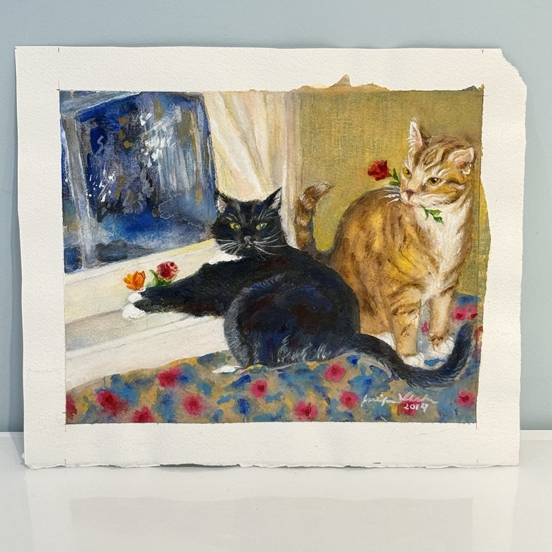 Original Watercolor Painting 2 Cats Window Flowers Signed Jennifer Wheeler 2014