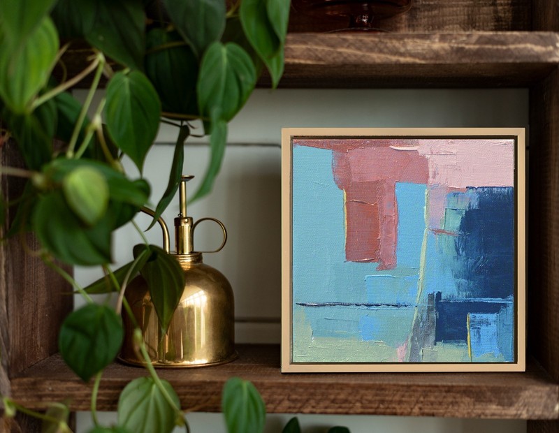 Modern Blue Abstract Oil Painting, Small Textured Wall Art Framed gallery