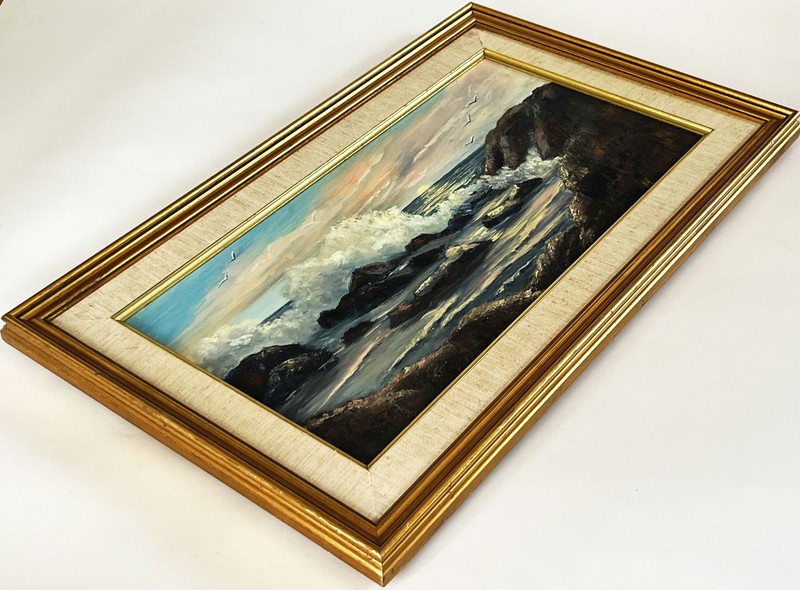 MID CENTURY SIGNED DRAMATIC CALIFORNIA COASTAL SEASCAPE PAINTING 30 x 18" FRAME gallery