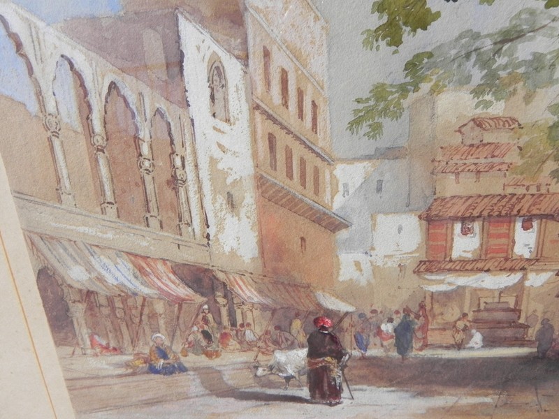 Antique watercolor painting Benares India signed W S Pilleau 1901 English artist gallery