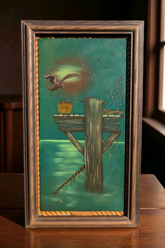 Vintage Nautical Pier Painting Rope Frame Coastal Art Seagull Ocean Acrylic