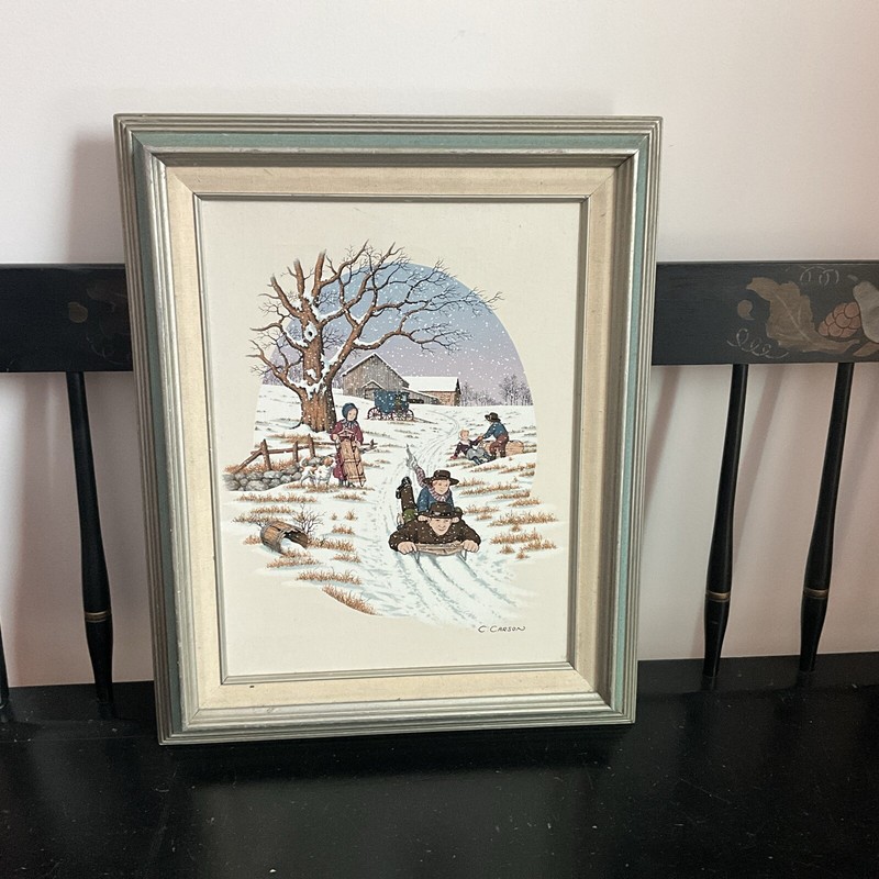 Framed Serigraph on Canvas Signed C. Carson Amish Winter Snow Sledding 16 x 12