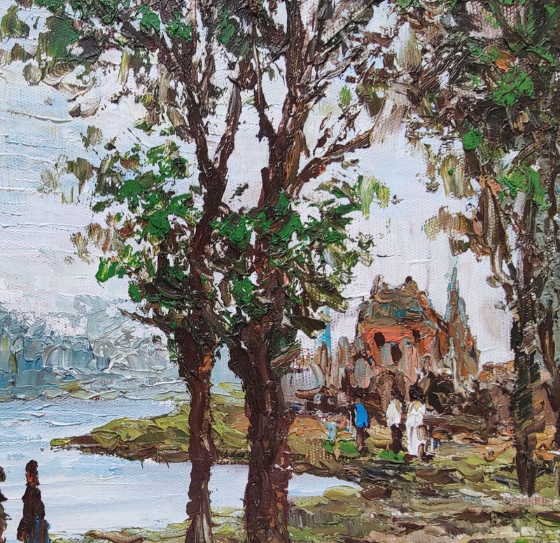 Impressionist Landscape Lakeside Villanova Vintage Oil Painting Framed 14"x16" gallery