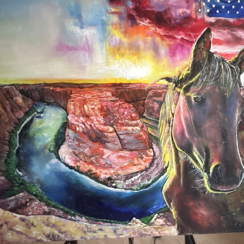 Signed Expressionist Horse Canyon River Sunset Landscape Painting, Unframed gallery
