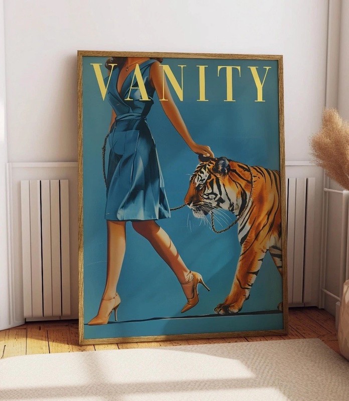 Vintage Woman Walking Tiger Poster 16×20 Fashion Magazine Print Blue Wall Art