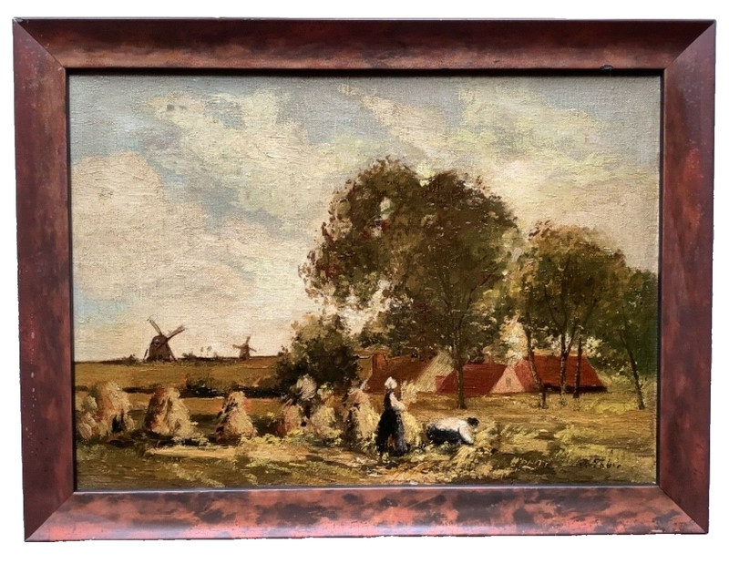 Antique Realist Oil Painting Signed – Animated Landscape Haystacks & Windmills