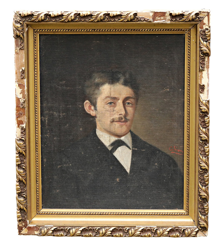 Unknown Mens Portrait With Mustache Oil On Canvas, Signed, Framed OOAK