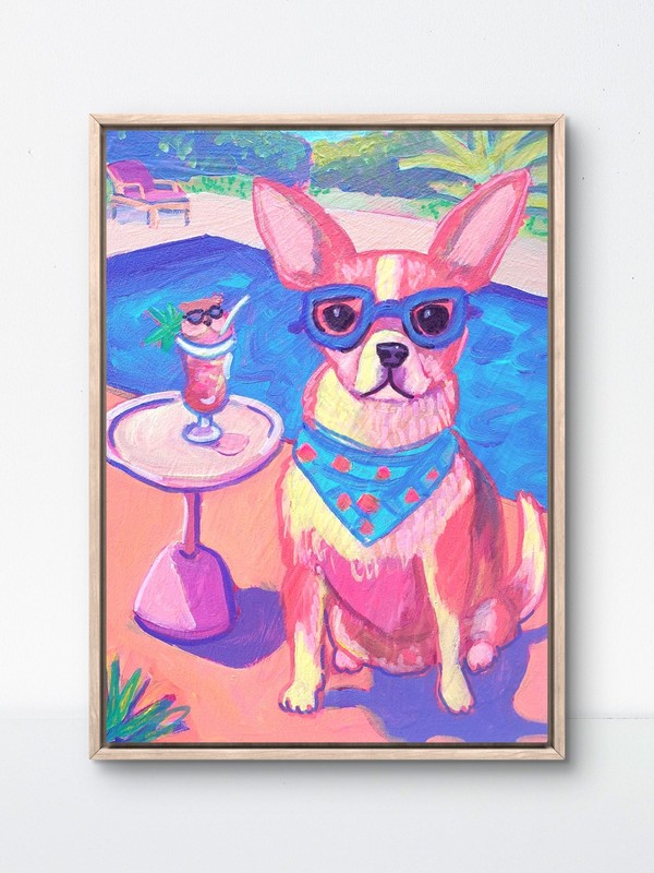 Original Pop Art 9×7 Chihuahua Dog Hamster Cocktail Glass Painting Poolside Art