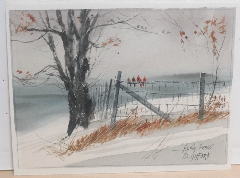 ED GIFFORD «FAMILY FENCE» SMALL ORIGINAL WATERCOLOR BIRDS LANDSCAPE PAINTING