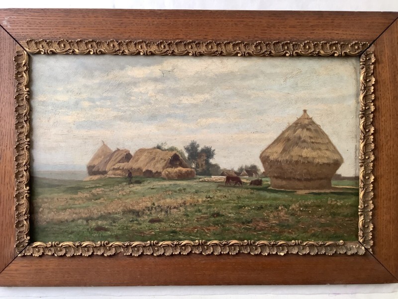 LEON DELAMBRE (1846-1916) SIGNED – 19th FRENCH OIL BARBIZON SCHOOL – HAYSTACKS