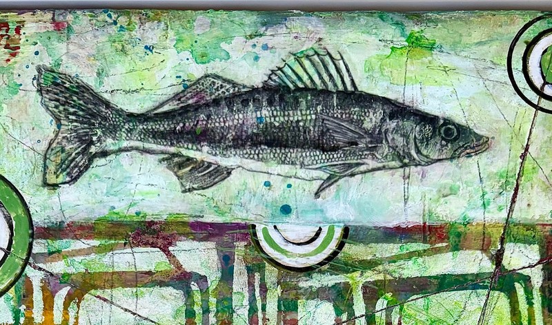 Original Abstract Fish Artwork Mixed Media on Wood Panel Contemporary Green gallery