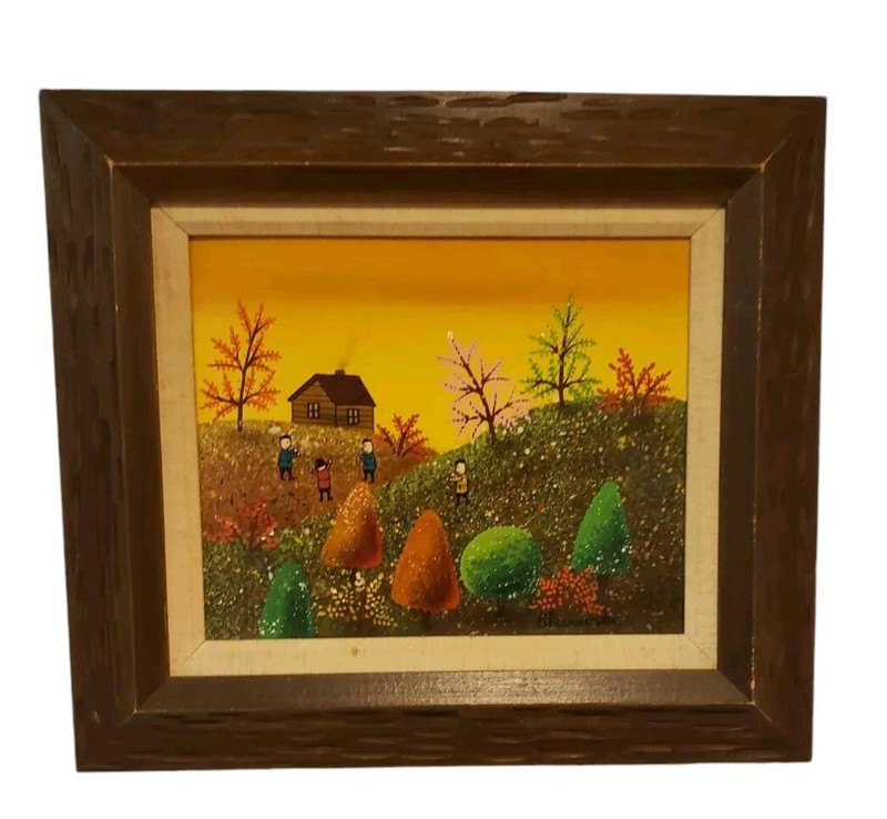 Vintage Folk Art Oil Painting Colorful Landscape Signed Blasnauski Framed