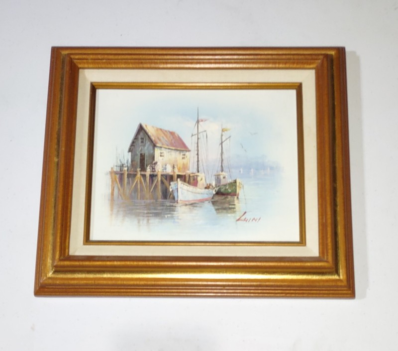 JOHN LUINI OIL ON CANVAS SEASIDE FISHING VILLAGE GLUED TO WOOD gallery
