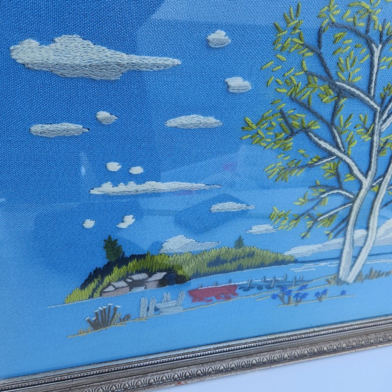 Landscape Tree Lake Cabin Handmade Needlepoint Embroidery Textile Art Framed gallery