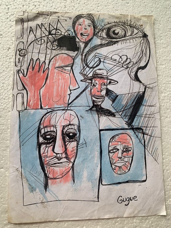 Original Outsider Art URBAN VIGIL Painting GUGUE – Distressed A4 Brut Art