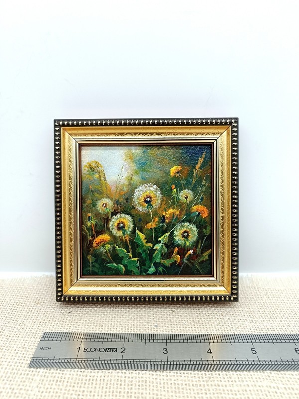 Dandelion Original Oil Painting 4x4 Framed Signed Wildflower Sunset Floral Art gallery