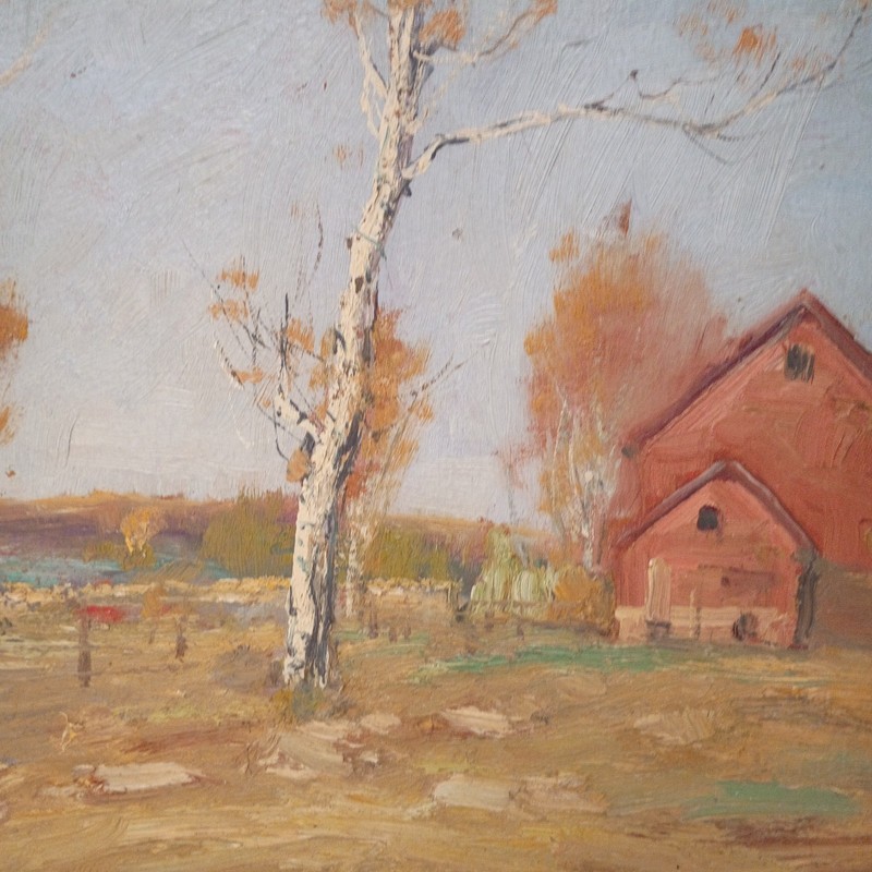 Antique Landscape Oil Painting well done 12 X20" unsigned Farm 1930's Barn gallery