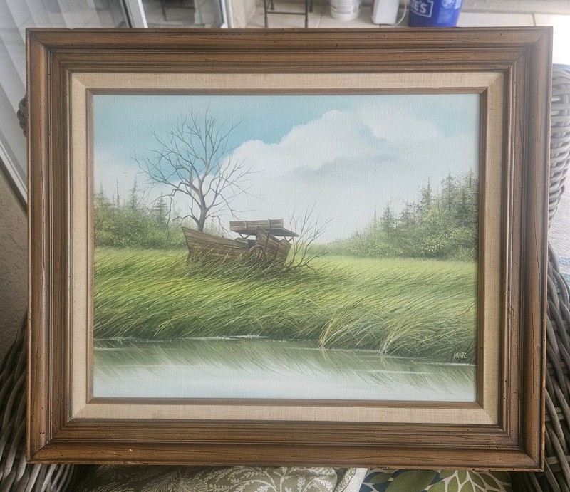 Marsh Scene w/Broken Wagon Signed «White» 26 X 21 Oil on Canvas