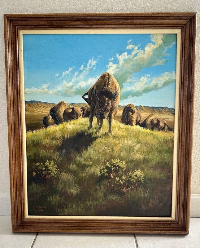 Original Sherry (S.E.) Kemp 1982 Oil Board Buffalo Bison Herd Painting 26”x22”