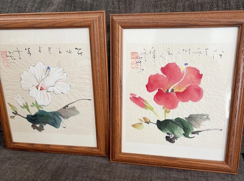 2 Signed Original Chinese Traditional Watercolors Hibiscus John H Chen Stamped gallery