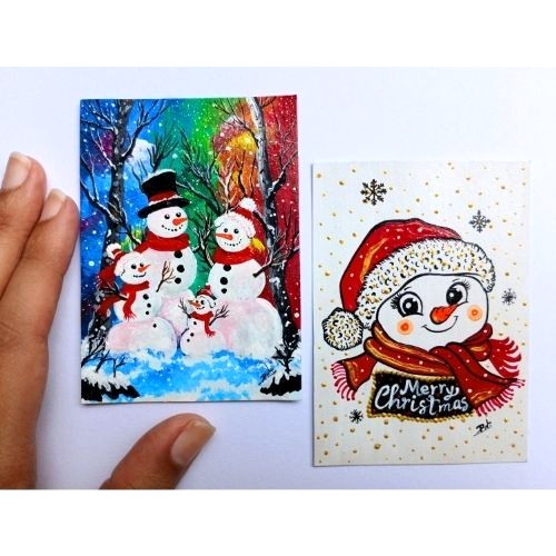 02 Pcs ACEO Original Christmas Snowman Acrylic Hand Painting Gift Art Set New gallery