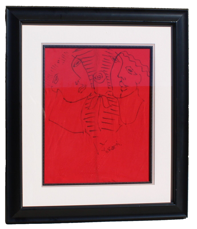 YURI YUROZ Two Figures with a Flower 1994 ORIGINAL DRAWING on Stitched Red Silk