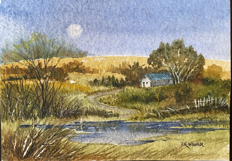 Pamela Wilhelm original 5”x7” Golden Pond White House Blue & Green
