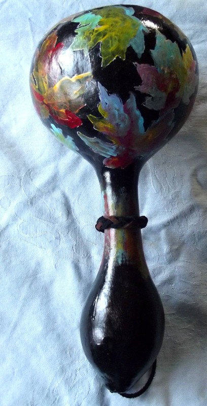 Natural Gourd maraca hand painted maple leaf surrealist design artist signed