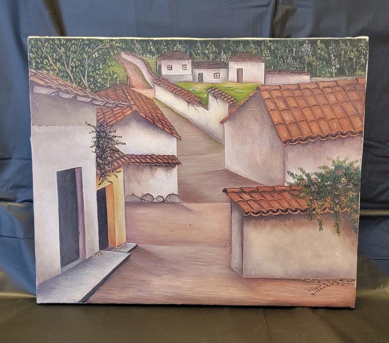 Mediterranean Village Oil Canvas Tile Roof Plantation Signed Vasquaz Gonzalez