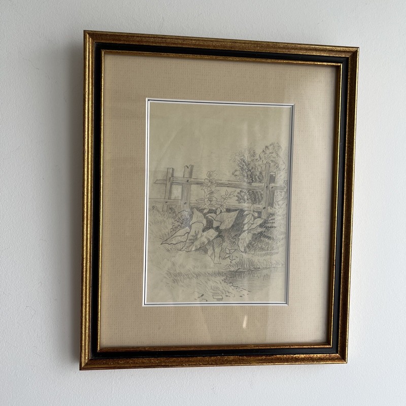 Pencil Drawings Pair Framed Matted UnSigned 9 x 10.5" Roses + Garden Scene gallery