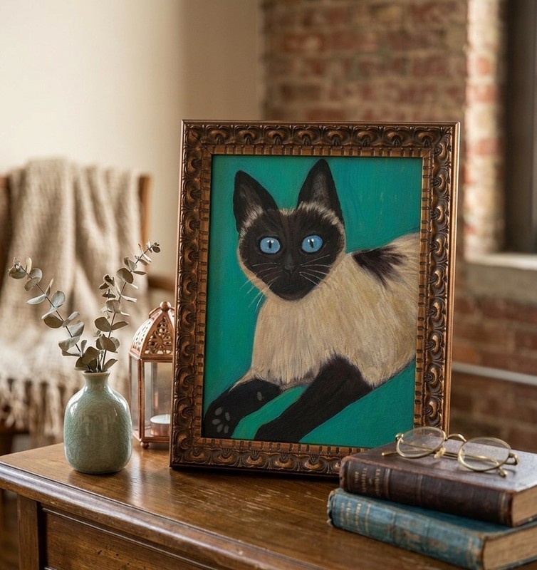 Vintage Siamese Cat Painting Original Folk Art Acrylic Canvas Mid Century Style