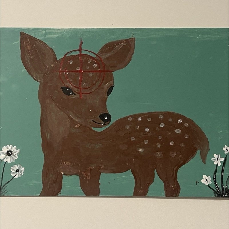 Deer Folk Art Acrylic Painting with Flowers on Canvas, Medium, Unframed
