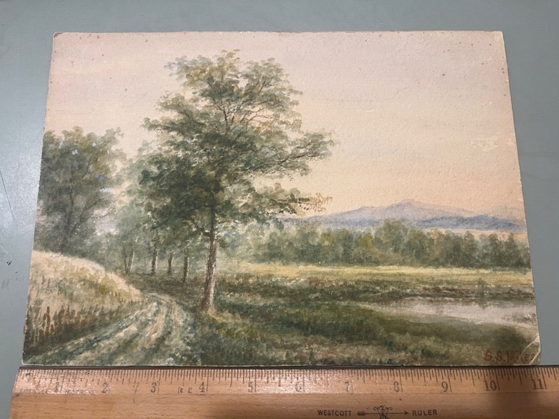 1870s Samuel S Miles Boston Artist White Mountains NH painting watercolor 11×8”