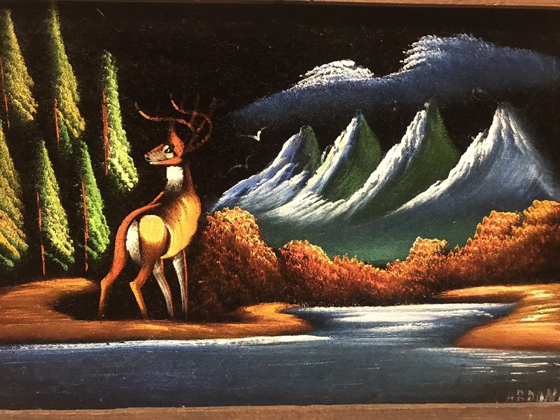 Vintage Wood Frame Black Velvet Painting Deer Mountain Scene gallery