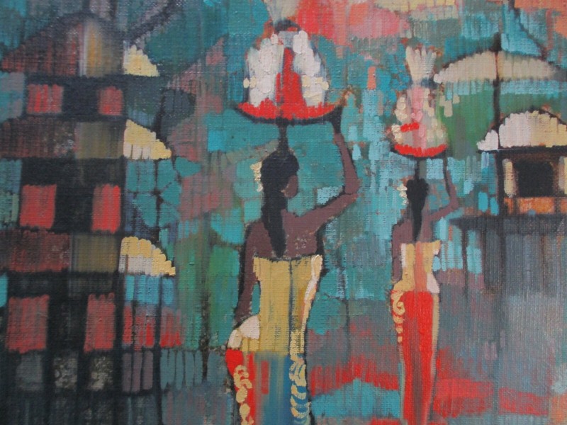 VINTAGE ASIAN PAINTING CHINESE THAI? MYSTERY ARTIST POINTILLIST EXPRESSIONIST gallery