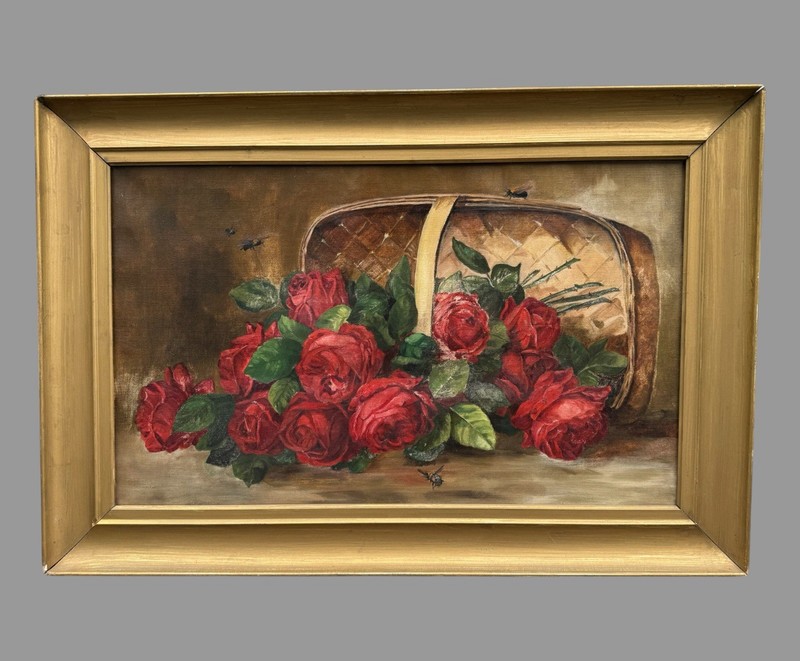 Antique Victorian Still Life Oil Painting on Canvas Basket of Roses with Bees